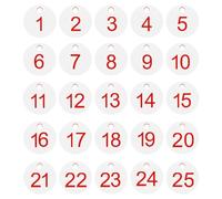 PATIKIL 1-25 Number Tags, 25Pcs Round ID Number Key Tags Plastic Numbered Keychain for Luggage Lockers Organizer Field Sales Hangers Clothes Labels, Red-White