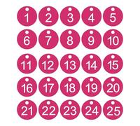 PATIKIL 1-25 Number Tags, 25Pcs Round ID Number Key Tags Plastic Numbered Keychain for Luggage Lockers Organizer Field Sales Hangers Clothes Labels, Rose Red-White
