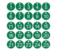 PATIKIL 1-25 Number Tags, 25Pcs Round ID Number Key Tags Plastic Numbered Keychain for Luggage Lockers Organizer Field Sales Hangers Clothes Labels, White-Green