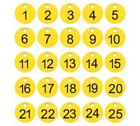 PATIKIL 1-25 Number Tags, 25Pcs Round ID Number Key Tags Plastic Numbered Keychain for Luggage Lockers Organizer Field Sales Hangers Clothes Labels, Black-Yellow
