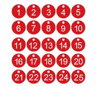 PATIKIL 1-25 Number Tags, 25Pcs Round ID Number Key Tags Plastic Numbered Keychain for Luggage Lockers Organizer Field Sales Hangers Clothes Labels, White-Red