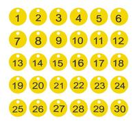 PATIKIL 1-30 Numbers Tags Plastic Round Numbered Marking Identify ID Key Hang Tag for Dormitory Key Chain Box Gym Cabinet Locker, Yellow with Black Text