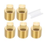 PATIKIL 1/4" NPT Male Brass Square Plug Fittings Set, 5Pcs Solid Thread Square Head Pipe Fittings Tubing End Sealing Cap with PTFE Tape for Boat, Drain Plug, Gas, Fuel Line