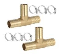 PATIKIL 1" Brass Tee Hose Barb Fitting,2 Pcs 3 Ways Union Intersection T Shape Barbed Split with Clamps for Air Water Fuel Gas Liquid, Golden