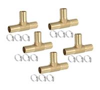 PATIKIL 1" Brass Tee Hose Barb Fitting,5 Pcs 3 Ways Union Intersection T Shape Barbed Split with Clamps for Air Water Fuel Gas Liquid, Golden