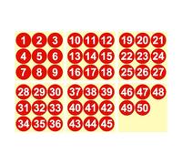 PATIKIL 1 to 50 Number Stickers 2 Inch / 50mm, Consecutive Vinyl Round Labels Self-Adhesive Dot Colored Decals for Inventory Classification Storage Box Organizing, Red