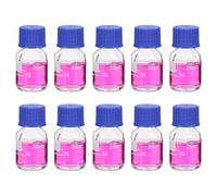 PATIKIL 10 Pack Reagent Media Storage Bottles, 25ml Borosilicate Glass Graduated Round Bottles with GL32 Blue Screw Cap for Lab Water Reagent Liquids, Clear
