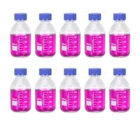 PATIKIL 10 Pack Reagent Media Storage Bottles, 500ml Borosilicate Glass Graduated Round Bottles with GL32 Blue Screw Cap for Lab Water Reagent Liquids, Clear