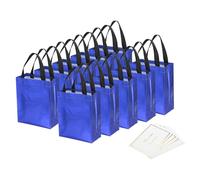 PATIKIL 10"x8"x4" Gift Bags with Best Wish Cards for Presents, 12 Set Reusable Non-Woven Metallic Shiny Gift Goodie Bags Party Favor Bags for Wedding, Birthday, Christmas, Blue