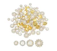 PATIKIL 100 Pcs Pearl Sew on Rhinestones Crystals 8mm 10mm 12mm 14mm, 3 Layers Sewing Flower Claw Rhinestones Glass Gems Metal Base for DIY Craft Dress Clothes Belt, Gold/Beige