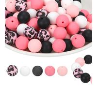 PATIKIL 100 Pcs Silicone Beads Bulk, 5 Color 15mm Silicone Round Focal Loose Beads for Keychain Pens Bracelets Necklace DIY Crafts Making (Orange/White/Leopard/Black/Pink)