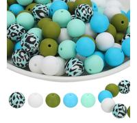 PATIKIL 100 Pcs Silicone Beads Bulk, 5 Color 15mm Silicone Round Focal Loose Beads for Keychain Pens Bracelets Necklace DIY Crafts Making (Cyan/Cyan Leopard/White/Green/Blue)