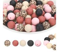 PATIKIL 100 Pcs Silicone Beads Bulk, 5 Color 15mm Silicone Round Focal Loose Beads for Keychain Pens Bracelets Necklace DIY Crafts Making (Beige/Brown/Leopard/Pink/Black)