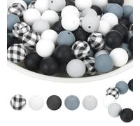 PATIKIL 100Pcs Silicone Beads Bulk, 5 Color 15mm Silicone Round Focal Loose Beads for Keychain Pens Bracelets Necklace DIY Crafts Making (White/Grey/Black/Plaid)