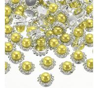 PATIKIL 12 mm Flower Claw Sew on Pearls Rhinestones, 100 Pcs Crystals Gold Shiny Flatback Base Pearls Rhinestones for DIY Crafts Shoes Dress Clothes Earring Belt Sewing Decoration, Yellow