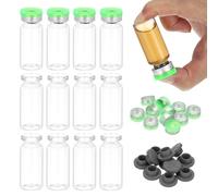 PATIKIL 12pcs 10ml Clear Borosilicate Glass Sample Vials with Aluminum Plastic Cap and Rubber Stopper for Lab Solid Liquid Powder Storage, Green Silver Tone