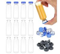 PATIKIL 12pcs 20ml Clear Borosilicate Glass Sample Vials with Aluminum Plastic Cap and Rubber Stopper for Lab Solid Liquid Powder Storage, Blue Silver Tone