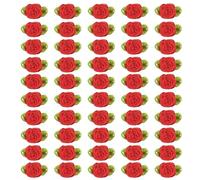 PATIKIL 15mm Tiny Satin Ribbon Rose, 50 Pcs Fabric Flowers Embellishments Rosettes Applique with Green Leaves for DIY Crafts Wedding Decor, Red