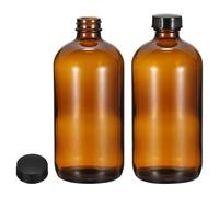 PATIKIL 16oz(480ml) Glass Sample Bottles, 2Pcs Round Bottle Dispensing Bottles with Black Poly Cone Cap for Reagent Liquids, Essential Oils, Perfume, Amber