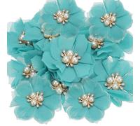 PATIKIL 2.36 Inch Rhinestone Pearl Chiffon Flower, 15 Pcs Sewing Fabric Appliques for DIY Craft Clothing Headbands Wedding Party Decoration, Light Blue