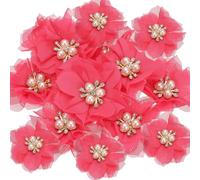 PATIKIL 2.36 Inch Rhinestone Pearl Chiffon Flower, 15 Pcs Sewing Fabric Appliques for DIY Craft Clothing Headbands Wedding Party Decoration, Rose Red