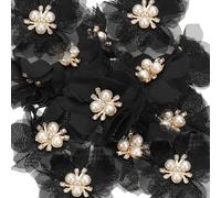 PATIKIL 2.36 Inch Rhinestone Pearl Chiffon Flower, 15 Pcs Sewing Fabric Appliques for DIY Craft Clothing Headbands Wedding Party Decoration, Black