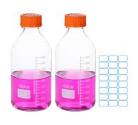 PATIKIL 2 Pack Reagent Media Storage Bottles, 1000ml Borosilicate Glass Graduated Round Bottles with Orange GL32 Screw Cap and 24 Pcs Labels for Lab Water Reagent Liquids, Clear