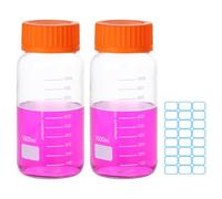 PATIKIL 2 Pack Reagent Media Storage Bottles, 1000ml Borosilicate Glass Wide Mouth Graduated Round Bottles with Orange GL32 Screw Cap, 24 Pack Labels for Lab Water Reagent Liquids, Clear