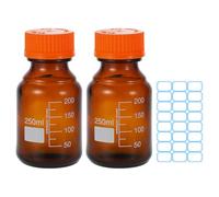PATIKIL 2 Pack Reagent Media Storage Bottles, 250ml Borosilicate Glass Graduated Round Bottles with Orange GL32 Screw Cap and 24 Pcs Labels for Lab Water Reagent Liquids, Amber