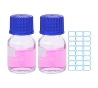 PATIKIL 2 Pack Reagent Media Storage Bottles, 25ml Borosilicate Glass Graduated Round Bottles with Blue GL32 Screw Cap and 24 Pcs Labels for Lab Water Reagent Liquids, Clear