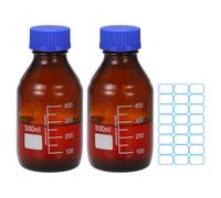 PATIKIL 2 Pack Reagent Media Storage Bottles, 500ml Borosilicate Glass Graduated Round Bottles with Blue GL32 Screw Cap and 24 Pcs Labels for Lab Water Reagent Liquids, Amber