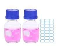 PATIKIL 2 Pack Reagent Media Storage Bottles, 50ml Borosilicate Glass Graduated Round Bottles with Blue GL32 Screw Cap and 24 Pcs Labels for Lab Water Reagent Liquids, Clear