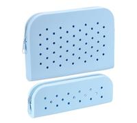 PATIKIL 2 Pack Silicone Pencil Pouches, Small Pencil Pouch Case with DIY Holes Cute Silicone Stationery Organizer for Office Travel Makeup, Light Blue