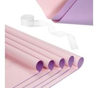 PATIKIL 20 Sheets Flower Wrapping Paper, Waterproof Flower Paper Wraps with Ribbon Floral Bouquet Supplies for DIY Crafts Packaging Bouquet, 22.8x22.8 Inch, Light Purple/Pale Pink