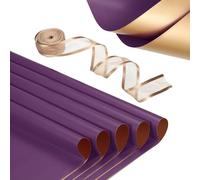 PATIKIL 20 Sheets Flower Wrapping Paper, Waterproof Flower Paper Wraps with Ribbon Floral Bouquet Supplies for DIY Crafts Packaging Bouquet, 22.8x22.8 Inch, Dark Purple/Gold Tone