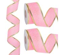 PATIKIL 20 Yards x 1.5" Christmas Ribbon, Metallic Wired Shine Gift Wrapping Ribbons for Craft Birthday Wedding Festival Decoration, Pink Gold