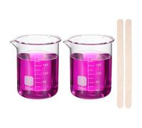 PATIKIL 200ml Glass Beaker, 2 Pack Measuring Glass Beaker Graduated Borosilicate Lab Cups Mug Low Form Heat Safe Transparent with 50pcs Wood Sticks for Laboratory Science Kitchen Liquids