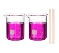 PATIKIL 250ml Glass Beaker, 2 Pack Measuring Glass Beaker Graduated Borosilicate Lab Cups Mug Low Form Heat Safe Transparent with 50pcs Wood Sticks for Laboratory Science Kitchen Liquids