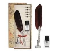 PATIKIL 26cm/11 Carved Feather Pen Set, Vintage Quill Pen with Ink Set 5 Replacement Nibs Stand Base for Calligraphy Writing Dip Pen Wedding Gifts, Brown