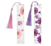 PATIKIL 2Pcs Dried Flower Resin Bookmark, Reading Book Marks with Tassel Bookmarks for Women Reading Accessories Gift Book Lover, Pink/Purple (Narcissus/Chrysanthemum)
