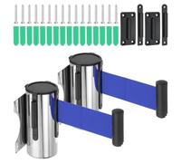 PATIKIL 2Pcs Fixed Wall Mount Retractable Belt Barrier, 9.84 Feet Fixed Retractable Belt Barrier with Steel Case for Crowd Control Retail Store Stadium, Silver Tone/Dark Blue