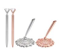 PATIKIL 2Pcs Hollow Round Pen Holder Signing Pen Set, Wedding Pen with Big Crystal Diamond and Pen Holder for Wedding Guests Book Engagement Opening Ceremony, Silver, Rose Gold