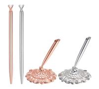 PATIKIL 2Pcs Hollow Round Pen Holder Signing Pen Set, Wedding Pen with Crystal Diamond and Pen Holder for Wedding Guests Book Engagement Opening Ceremony, Silver, Rose Gold