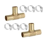 PATIKIL 3/4" Brass Tee Hose Barb Fitting,2 Pcs 3 Ways Union Intersection T Shape Barbed Split with Clamps for Air Water Fuel Gas Liquid, Golden