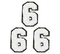 PATIKIL 3 Pcs Chenille Number Patches, 2.17 Inch Self-Adhesive Number 6 Patch Appliques Stickers for DIY Clothing Jacket Jersey Hat Decor, White with Black Edge
