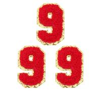 PATIKIL 3 Pcs Chenille Number Patches, 2.17 Inch Self-Adhesive Number 9 Patch Appliques Stickers for DIY Clothing Jacket Jersey Hat Decor, Red with Gold Edge