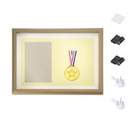 PATIKIL 320x230mm Shadow Box Frame, Horizontal Wooden Medal Display Case Shadow Box with 2 Push Pins Hook 1 Adhesive for Wall Tabletop Display Tickets Photos Race Soccer Medal, Wood Color