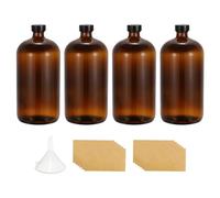 PATIKIL 32oz(960ml) Glass Sample Bottles, 4Pcs Round Bottle Dispensing Bottles with Black Poly Cone Cap, 12Pcs Labels, Funnel for Reagent Liquids, Essential Oils, Perfume, Amber