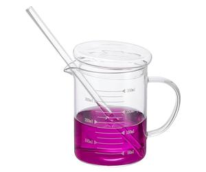 PATIKIL 350ml Glass Measuring Cup, Borosilicate Glass Beaker Graduated Liquid Measure Cups with Glass-Lid Straw V-Shaped Spout for Kitchen Drinking Restaurant, White Printed Scale