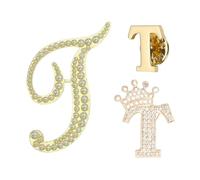 PATIKIL 3PCS A-Z Letter Brooch Set, 3 Styles Crown & Pearl Minimalist Initial Rhinestone Lapel Decorative Pin Kit for Women Men Suits Clothes Dress Bouquet Coat Collar, Gold, Alphabet t